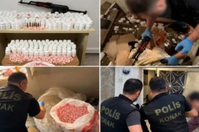 Konak polisinin ele geçirdiği sentetik haplar ve Kalaşnikof tüfeği