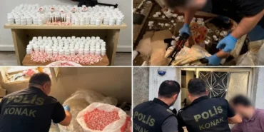 Konak polisinin ele geçirdiği sentetik haplar ve Kalaşnikof tüfeği