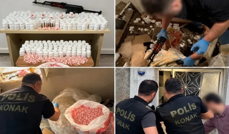 Konak polisinin ele geçirdiği sentetik haplar ve Kalaşnikof tüfeği