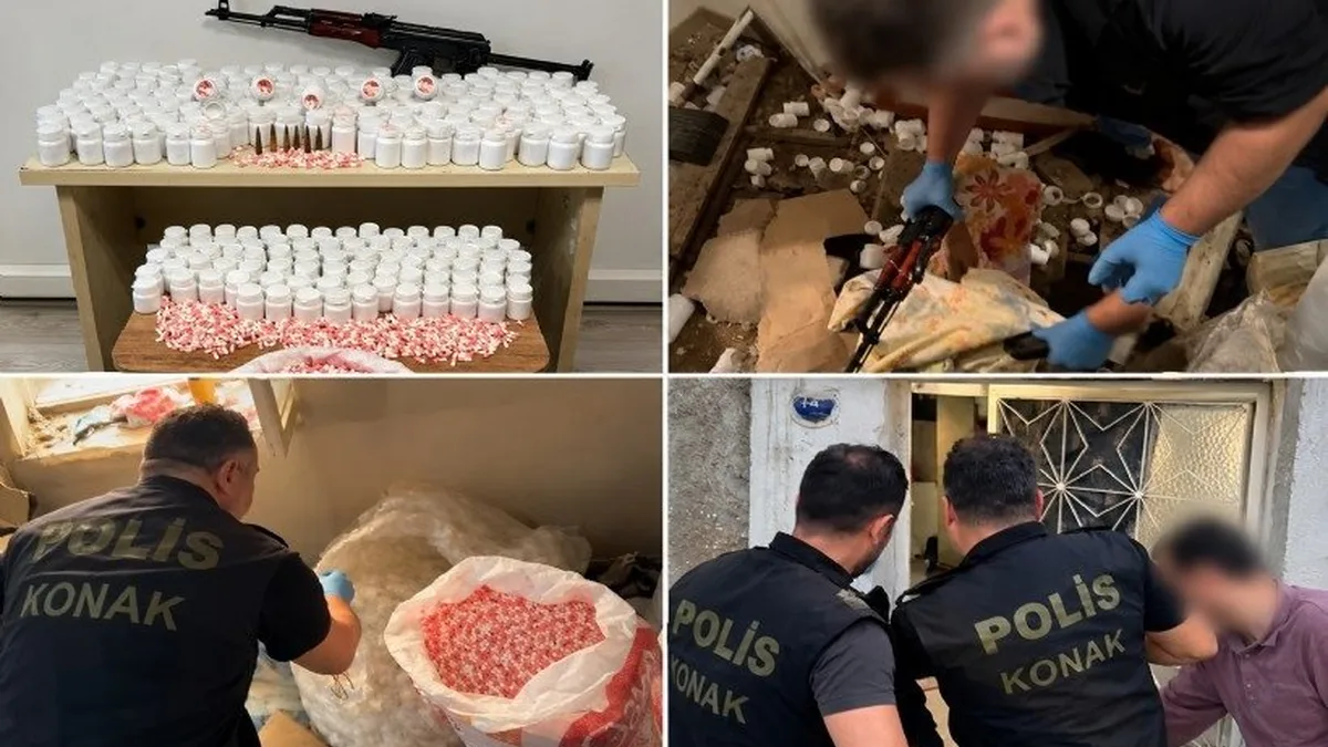 Konak polisinin ele geçirdiği sentetik haplar ve Kalaşnikof tüfeği